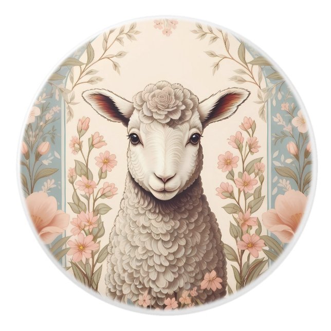 Cute Lamb Delicate Pastel Floral Ceramic Knob (Front)