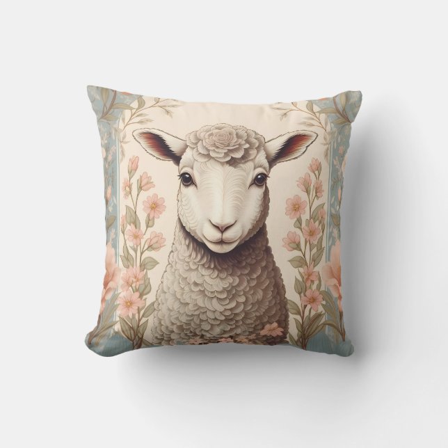 Cute Lamb Delicate Pastel Floral Cushion (Front)