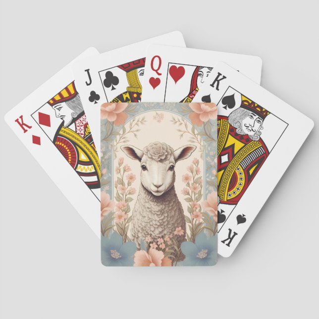Cute Lamb Delicate Pastel Floral Playing Cards (Back)