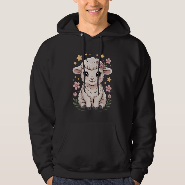 Cute Lamb Floral Illustration Sweet Pastel Farm Ar Hoodie (Front)