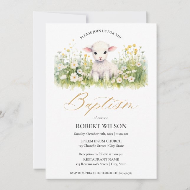 Cute Lamb Gender Neutral Flora Christening Baptism Invitation (Front)