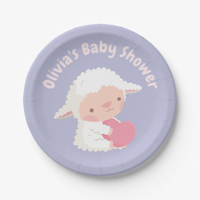 Cute Lamb Hugging Heart Baby Shower Supplies Paper Plate (Front)