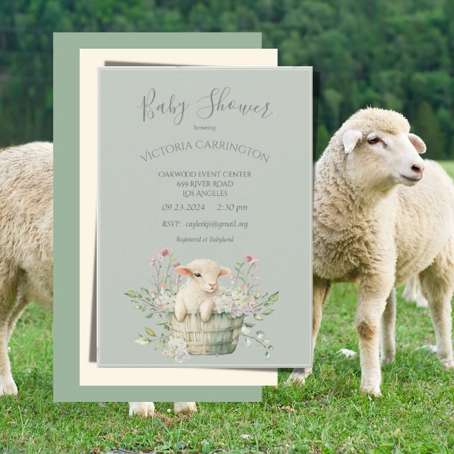 Cute Lamb in Basket with Flowers Baby Shower Invitation (Creator Uploaded)