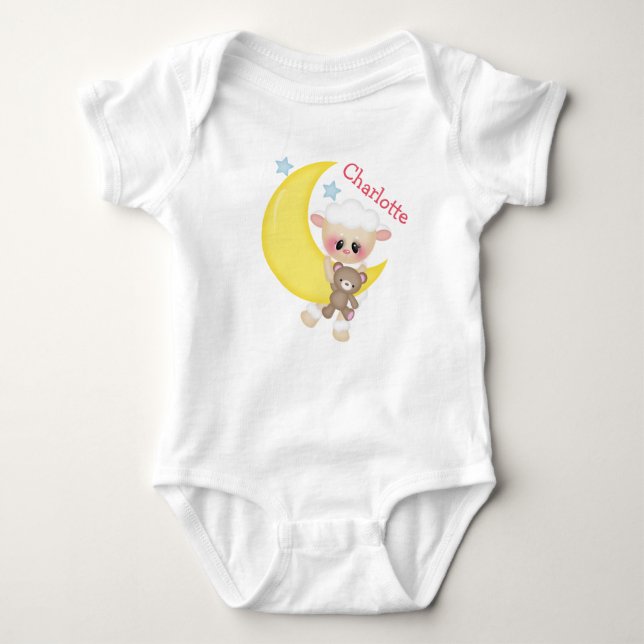 Cute Lamb on Crescent Moon with Monogram Baby Bodysuit (Front)