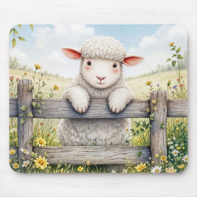 Cute Lamb On Farm Fence Mouse Pad (Front)