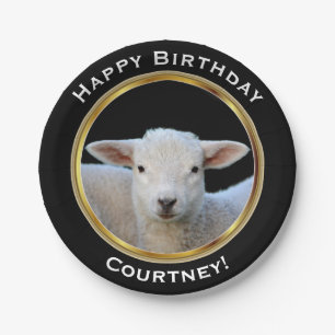 Cute Lamb on Faux Gold Happy Birthday with Name Paper Plate