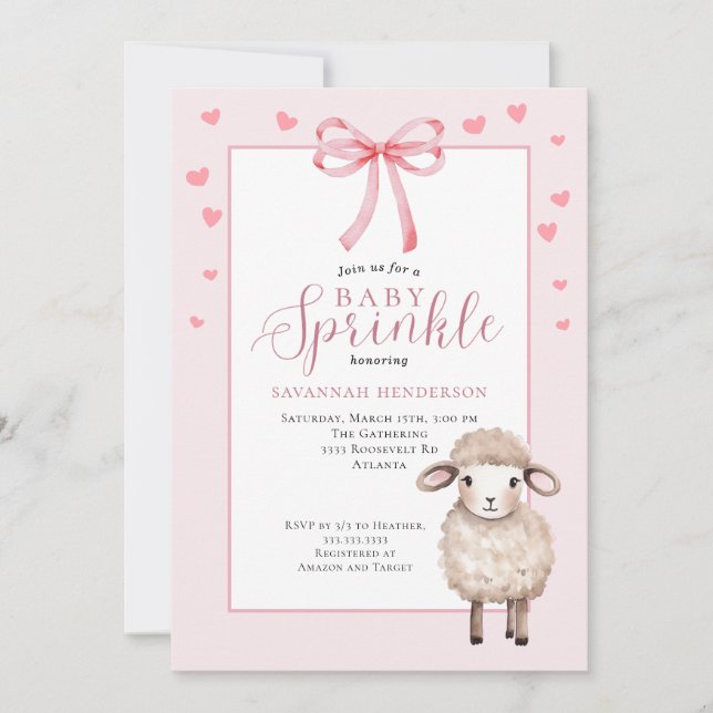 Cute Lamb Pink Bow Baby Sprinkle Shower  Invitation (Front)