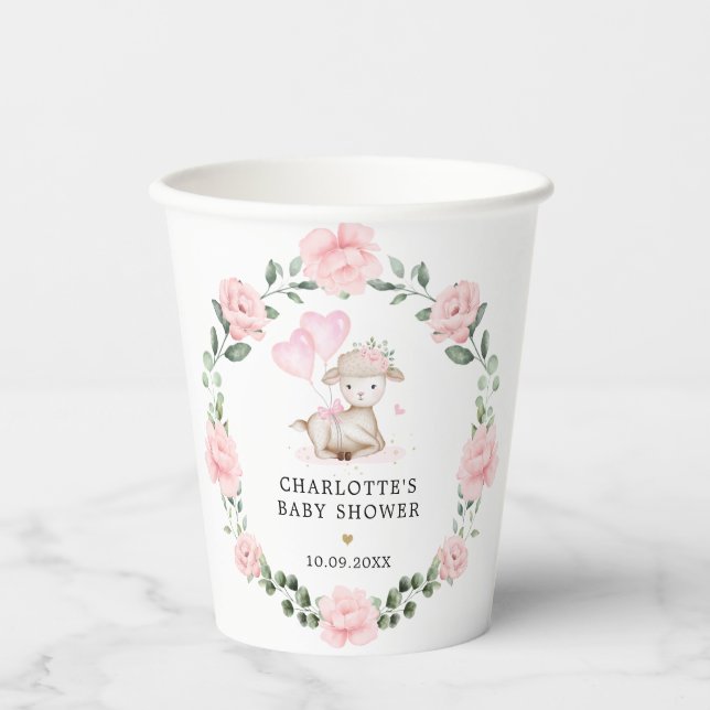 Cute Lamb Pink Floral Wreath & Balloons Baby Girl Paper Cups (Front)