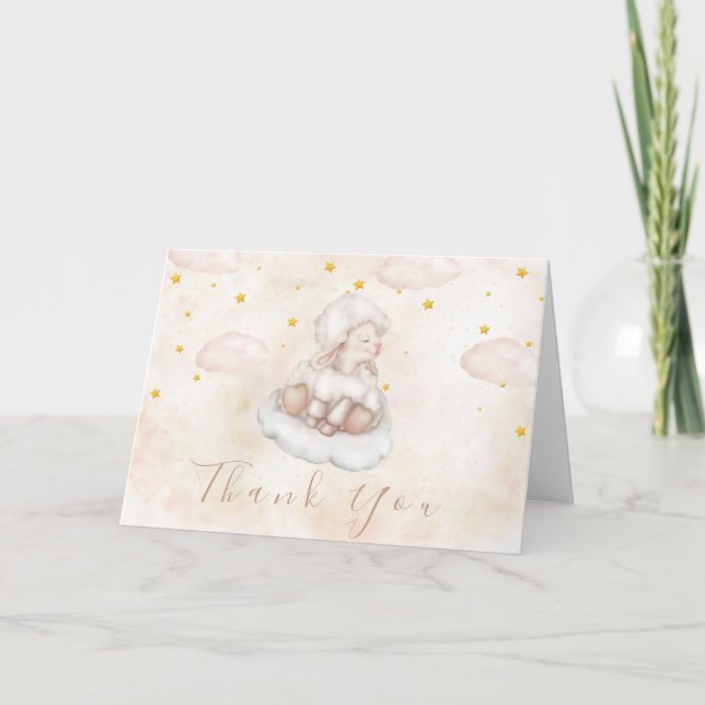 Cute Lamb Pinky Dust stars Baby Shower Thank You Card (Front)