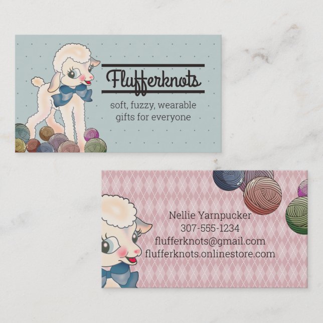 Cute lamb sheep wool knitting crochet yarn busines business card (Front/Back)