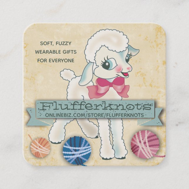 Cute lamb sheep wool knitting crochet yarn busines square business card (Front)