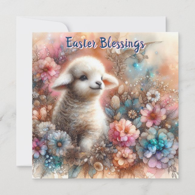 Cute Lamb Spring Flowers Christian Easter  Holiday Card (Front)