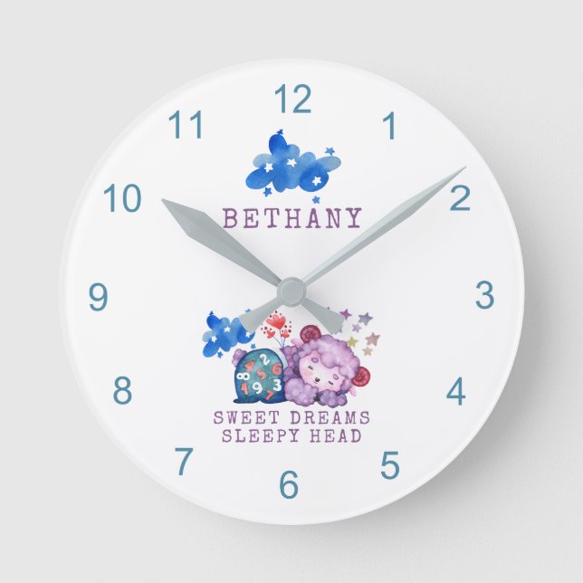 Cute Lamb Sweet Dreams Sleepy Head Baby Name Round Clock (Front)