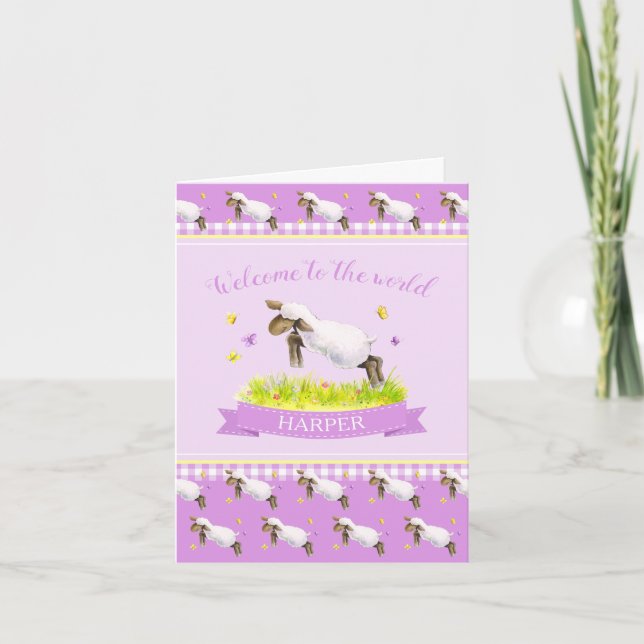 Cute lamb welcome to the world purple new baby card (Front)