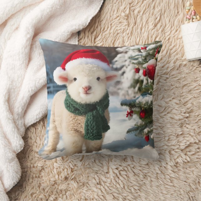 Cute lamb with a scarf and a Santa hat Cushion (Blanket)