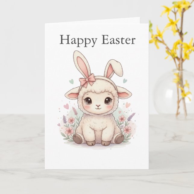 Cute Lamb with Bunny Ears Pastel colours Easter Card (Yellow Flower)