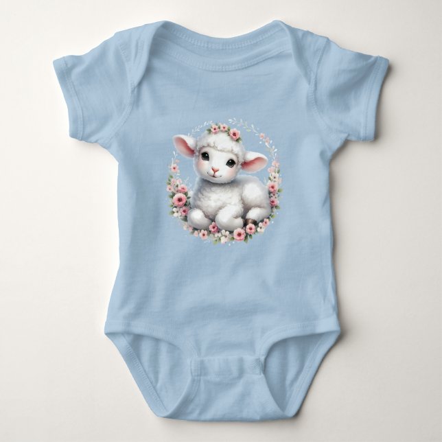 Cute Lamb with Floral Crown Illustration Baby Bodysuit (Front)