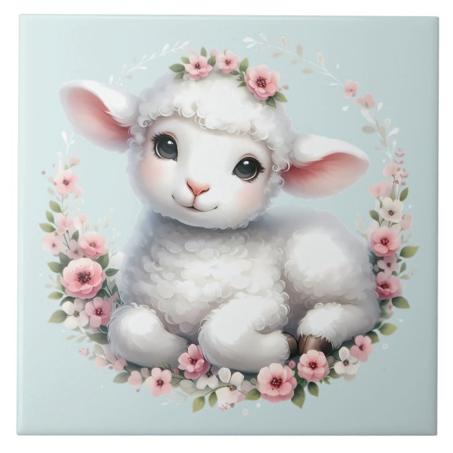 Cute Lamb with Floral Crown Illustration Ceramic Tile (Front)