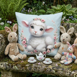 Cute Lamb with Floral Crown Illustration Cushion