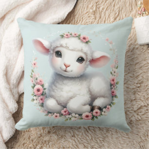Cute Lamb with Floral Crown Illustration Cushion
