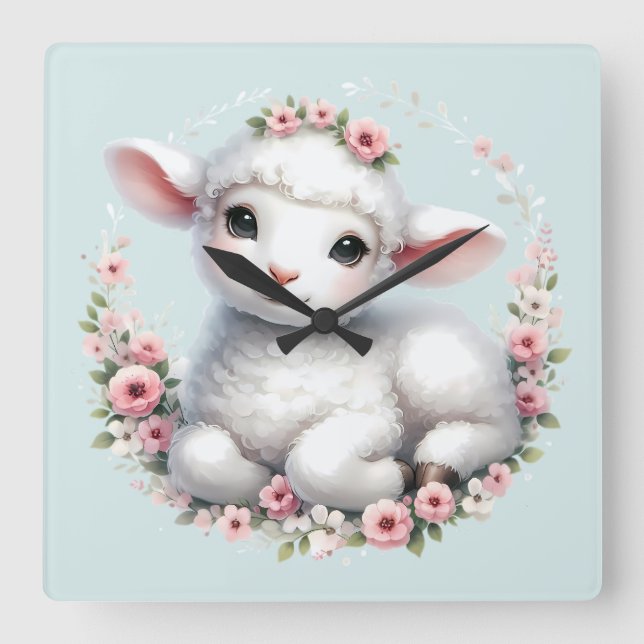 Cute Lamb with Floral Crown Illustration Square Wall Clock (Front)