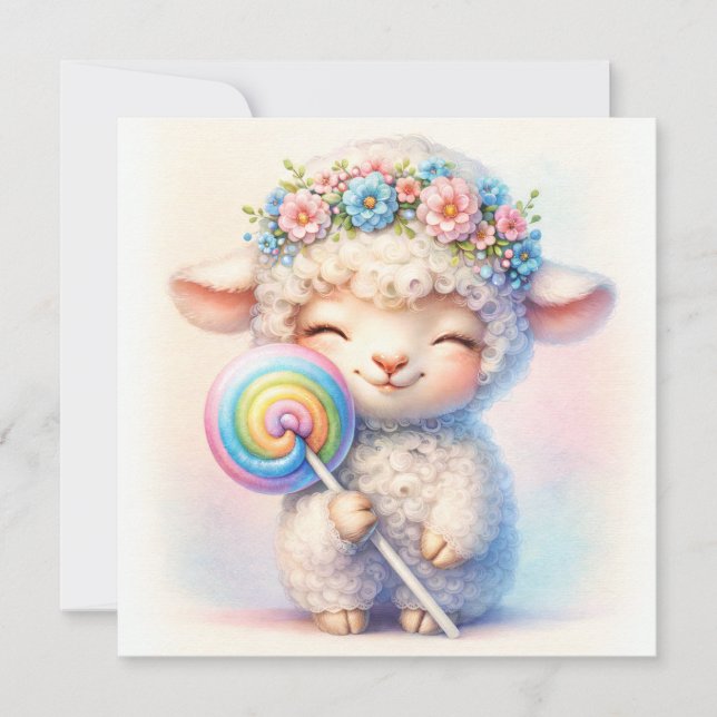 Cute Lamb with Lollipop - Whimsical Nursery Invitation (Front)