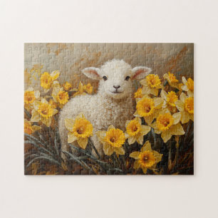 Cute Lamb with Yellow Daffodils Painting Jigsaw Puzzle
