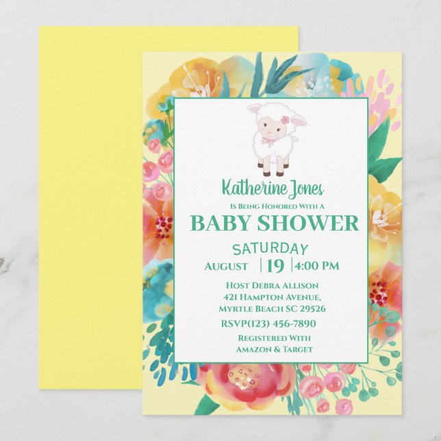Cute Lamb Yellow Green Floral Baby Shower   Invitation (Front/Back)