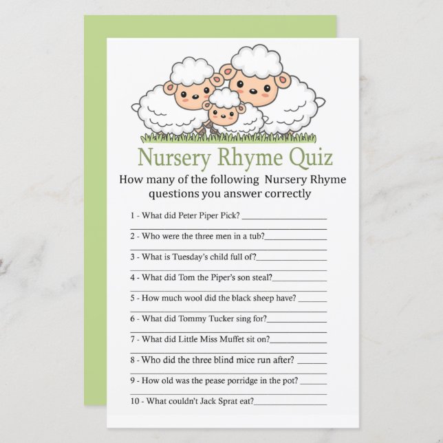Cute lambs Nursery Rhyme Quiz baby shower game (Front/Back)