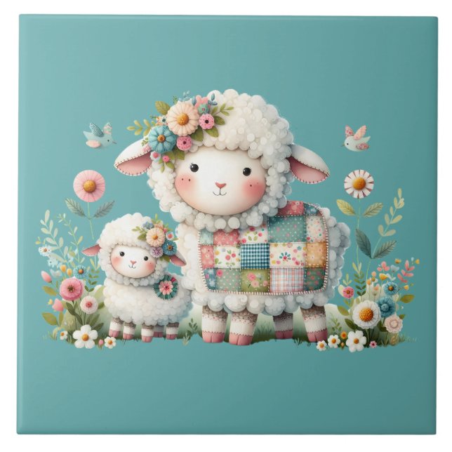 Cute Lambs with Floral and Patchwork Accents Ceramic Tile (Front)
