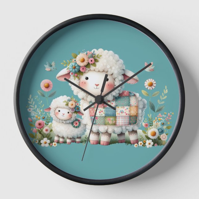 Cute Lambs with Floral and Patchwork Accents Clock (Front)