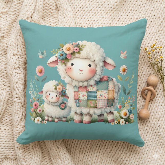 Cute Lambs with Floral and Patchwork Accents Cushion (Cute Lambs with Floral and Patchwork Accents Throw Pillow Mockup A)