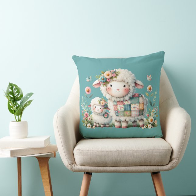 Cute Lambs with Floral and Patchwork Accents Cushion (Chair)