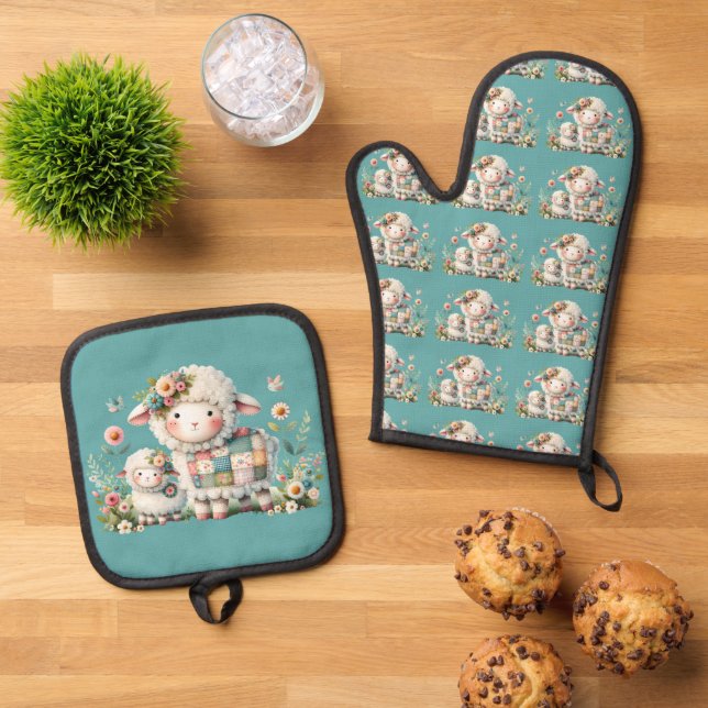 Cute Lambs with Floral and Patchwork Accents Oven Mitt & Pot Holder Set (Top Down)