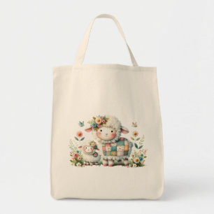 Cute Lambs with Floral and Patchwork Accents Tote Bag