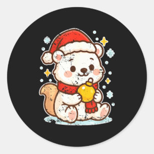 Cute Lar Bear Winter With Santa Hat  Classic Round Sticker