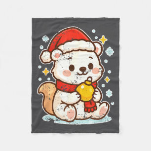 Cute Lar Bear Winter With Santa Hat  Fleece Blanket
