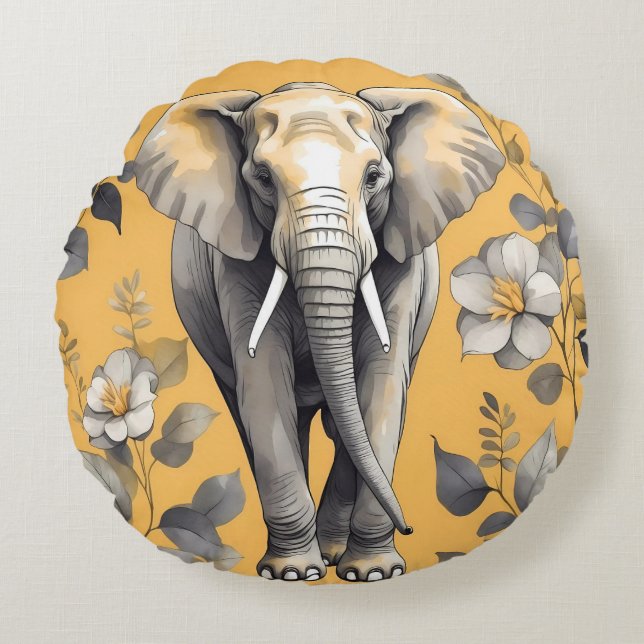 Cute Large Elephant Walking over Yellow Daisies Round Cushion (Front)