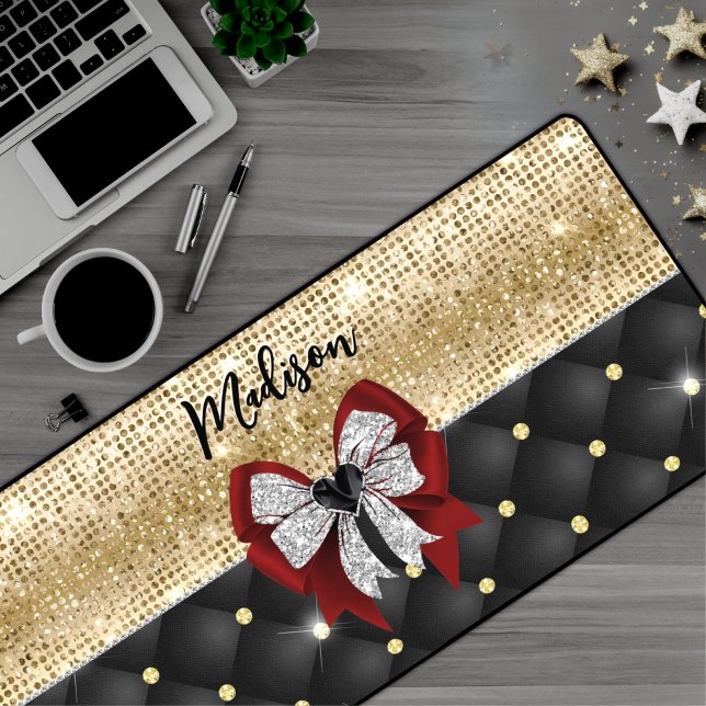Cute large red glittery silver bow tie monogram desk mat (Creator Uploaded)