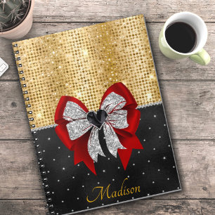 Cute large red glittery silver bow tie monogram notebook