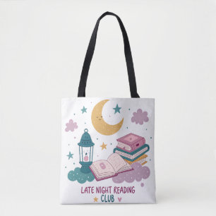 Cute Late Night Reading Club Moon and Books Tote Bag