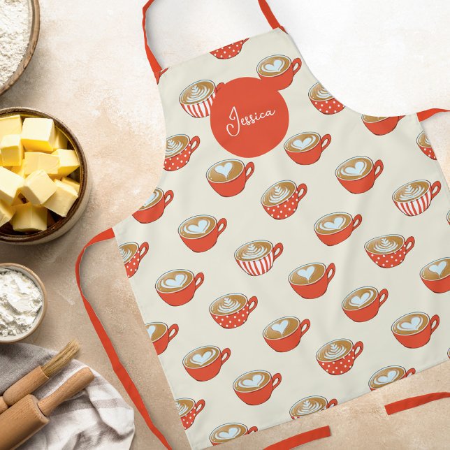 Cute Latte Art in Red Coffee Mugs Pattern Apron (Red Latte Art Pattern Apron with custom name)