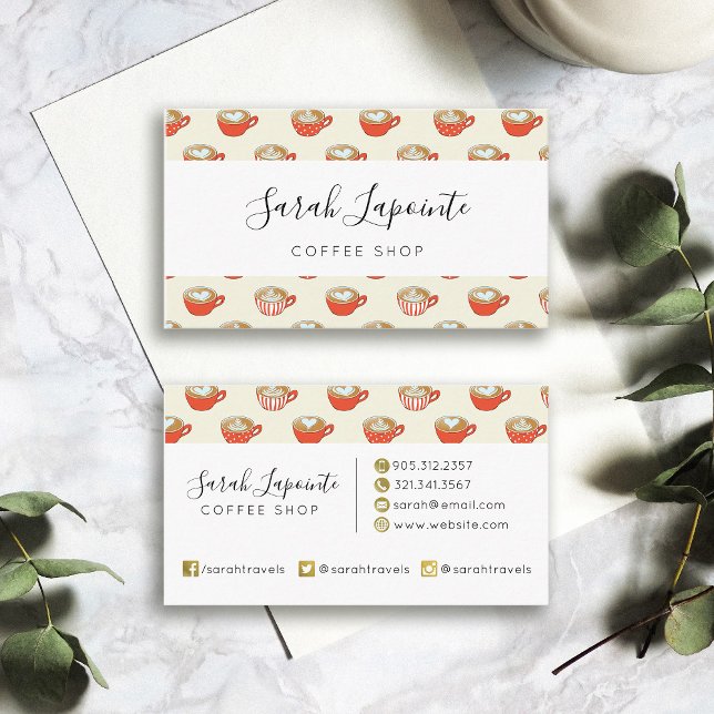 Cute Latte Art in Red Coffee Mugs Pattern Business Card (Coffee Shop Red Latte Art Pattern Business Card)