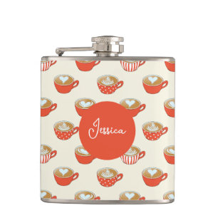 Cute Latte Art in Red Coffee Mugs Pattern Hip Flask