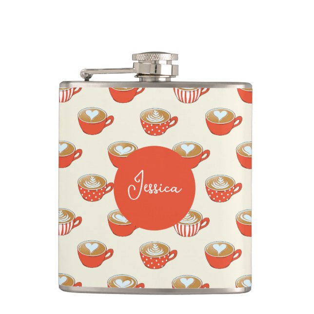 Cute Latte Art in Red Coffee Mugs Pattern Hip Flask (Front)
