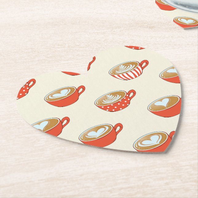 Cute Latte Art in Red Coffee Mugs Pattern Paper Coaster (Angled)