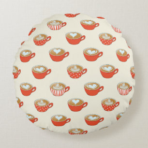 Cute Latte Art in Red Coffee Mugs Pattern Round Cushion