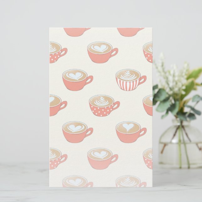 Cute Latte Art in Red Coffee Mugs Pattern Stationery (Standing Front)