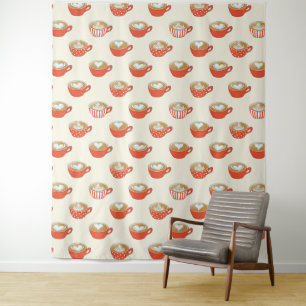 Cute Latte Art in Red Coffee Mugs Pattern Tapestry