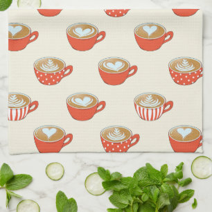 Cute Latte Art in Red Coffee Mugs Pattern Tea Towel